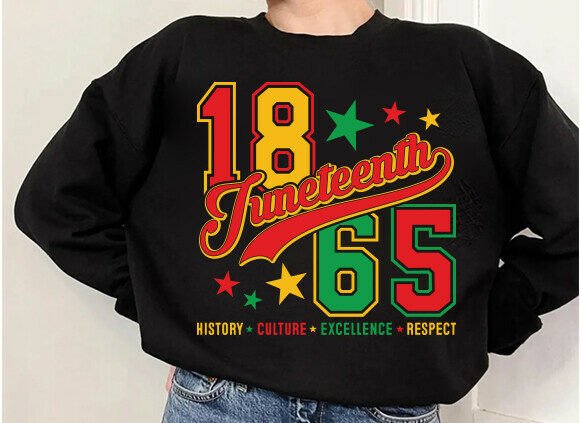 Black sweatshirt with '1865 Juneteenth' in red, yellow, and green, surrounded by stars.