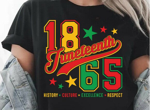 Black t-shirt featuring '1865 Juneteenth' in vibrant colors with stars and text below.