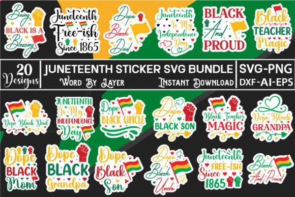 Colorful Juneteenth stickers with phrases and symbols like fists and flags.