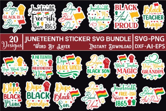 Set of Juneteenth stickers featuring empowering phrases and vibrant designs.