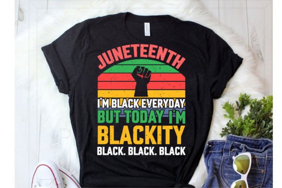 Black t-shirt with Juneteenth design featuring a raised fist and multicolored stripes.