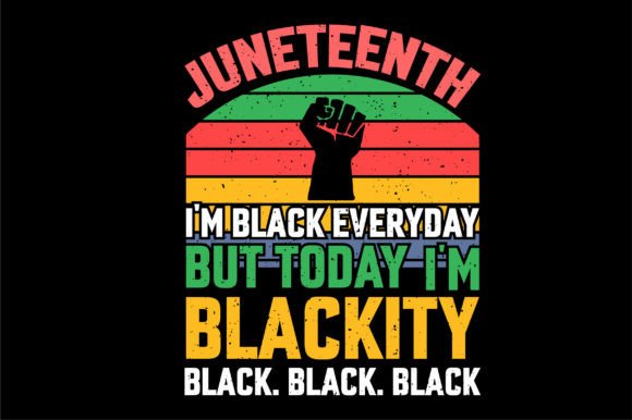 Juneteenth design with a raised fist and multicolored stripes on a black background.