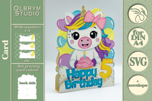 Kawaii unicorn birthday card with rainbow mane, holding a cake, number five and 'Happy Birthday' text.