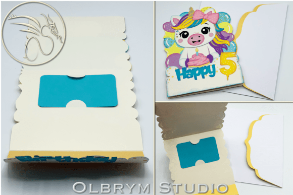 Open unicorn birthday card showing interior with blue pocket and scalloped edges, exterior features unicorn design.