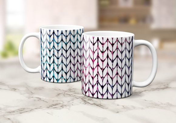 Two mugs with knitting texture pattern in blue and pink hues