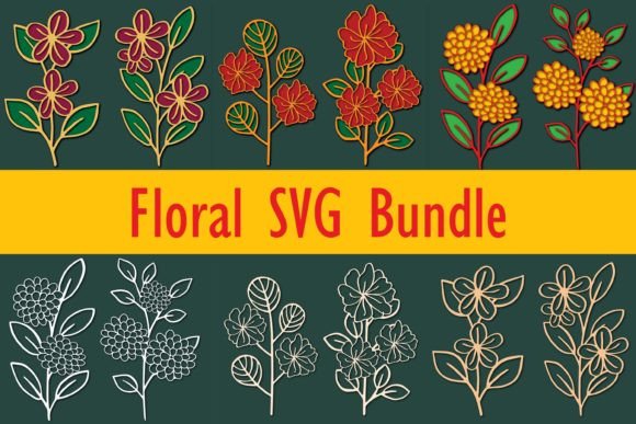 Colorful floral paper cut SVG designs with flowers and leaves for Cricut projects.