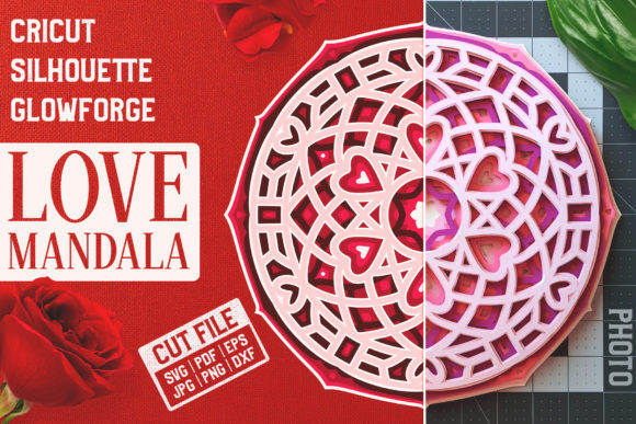Layered 3D love mandala SVG with intricate heart patterns for Cricut projects.