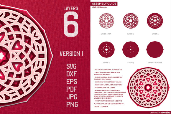 Assembly guide for a 6-layer 3D love mandala SVG with detailed heart motifs.