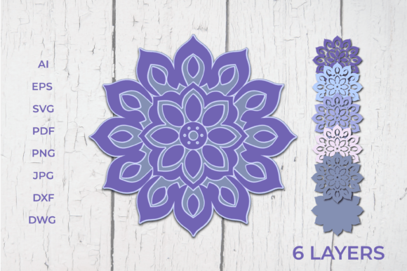 Purple 3D layered mandala SVG design with six layers, suitable for Cricut projects.