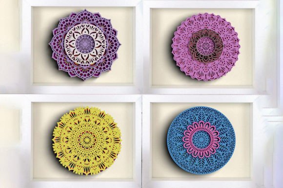 Four framed layered mandala designs in purple, pink, yellow, and blue, perfect for Cricut projects.