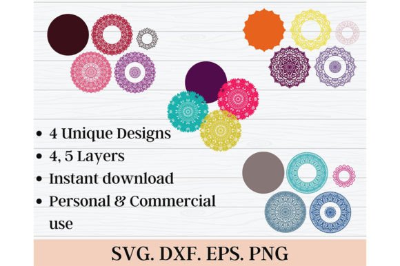Collection of colorful layered mandala SVGs with design details and color variations for crafting.