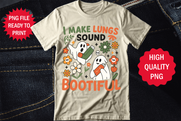 Beige t-shirt with ghost and floral design, text reads 'I Make Lungs Sound Bootiful'.
