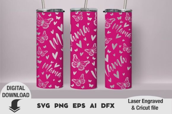 Pink tumbler with 'Mama' text, butterflies, and hearts in white.