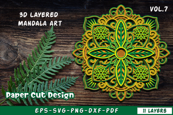 3D layered mandala flower design with intricate green and yellow patterns for Cricut projects