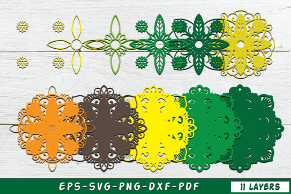 Eleven separate layers of a mandala flower design in various colors for SVG crafting