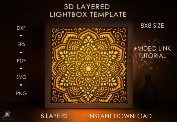 Illuminated mandala flower shadow box with intricate layered design.