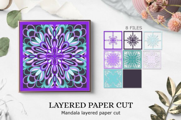 Colorful layered mandala design in purple, blue, and teal with intricate patterns in a square frame.