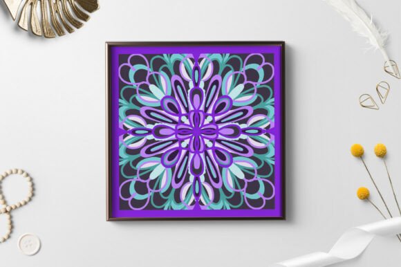 Framed layered mandala featuring purple, blue, and teal colors with detailed symmetrical patterns.