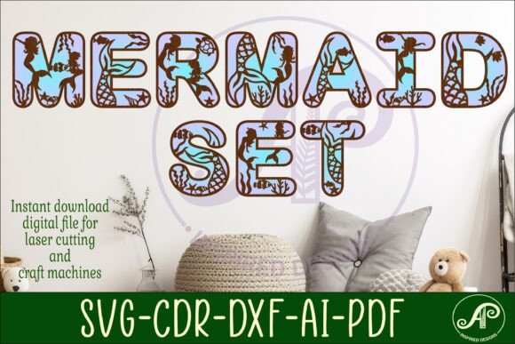 Mermaid-themed letters spelling 'MERMAID SET' with aquatic patterns.