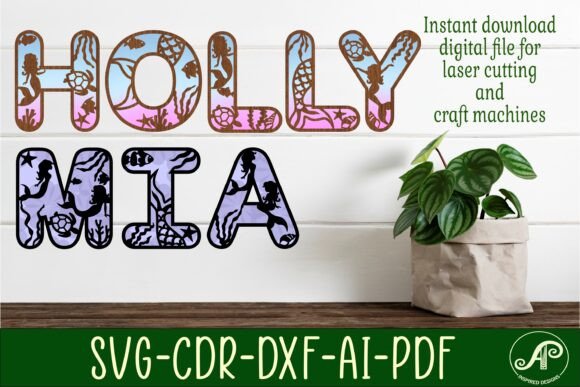 Decorative letters spelling 'HOLLY MIA' with ocean motifs.