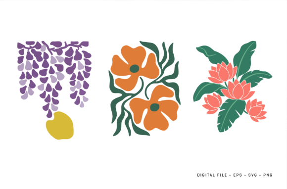 Three floral SVG designs: purple wisteria, orange poppies, and pink lotus, suitable for Cricut projects.