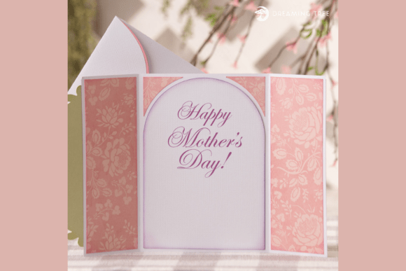 Open gatefold card displaying 'Happy Mother's Day!' in elegant script on a pink floral patterned background.