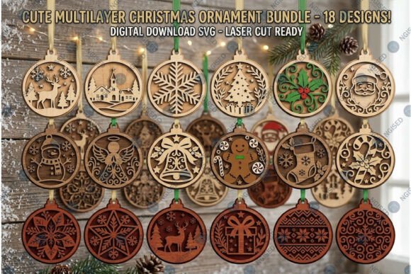 Wooden Christmas ornaments with various intricate designs including reindeer, snowflakes, and Santa.