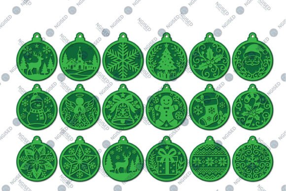 Green digital SVG designs of Christmas ornaments featuring patterns like snowflakes, trees, and Santa.
