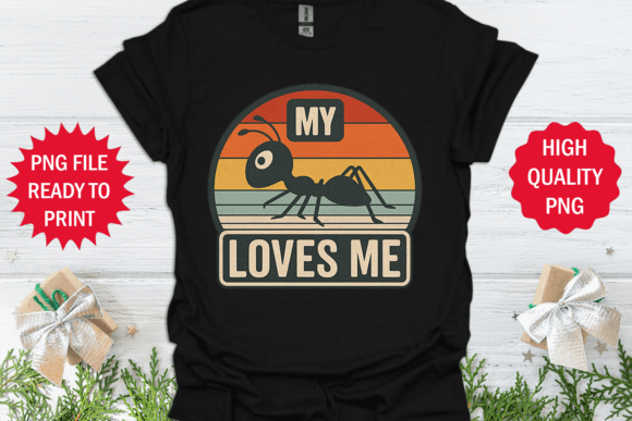 Folded black t-shirt featuring a retro ant design with text 'My Ant Loves Me' on a striped background.