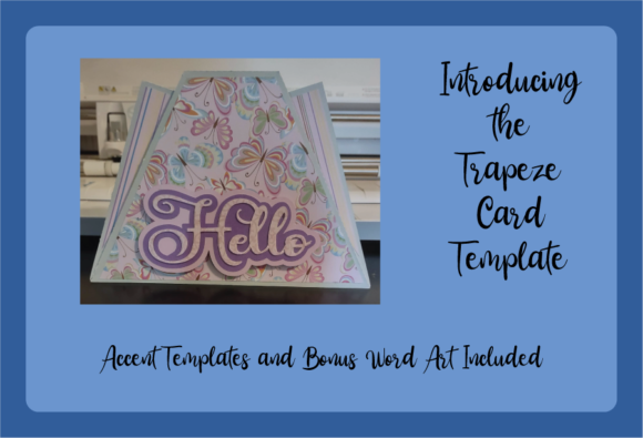 A trapezoid-shaped card with butterfly and floral patterns, featuring the word 'Hello' in purple script.