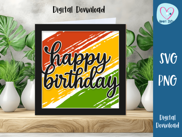 Square card with 'happy birthday' text over red, yellow, green paint strokes.