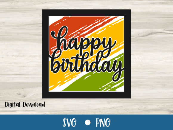 Square card featuring 'happy birthday' text on colorful paint strokes background.