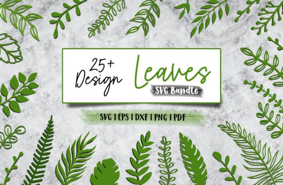 Green paper leaves in various shapes on a textured background for Cricut projects.