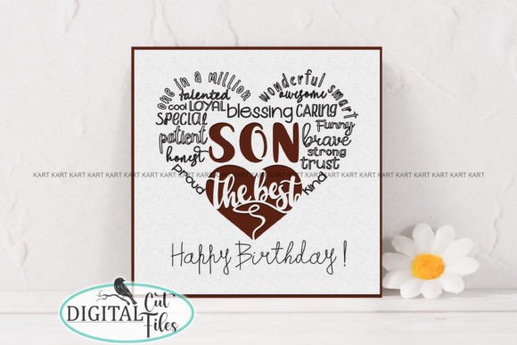Heart-shaped word cloud on card with 'Son' and 'Happy Birthday!' text.