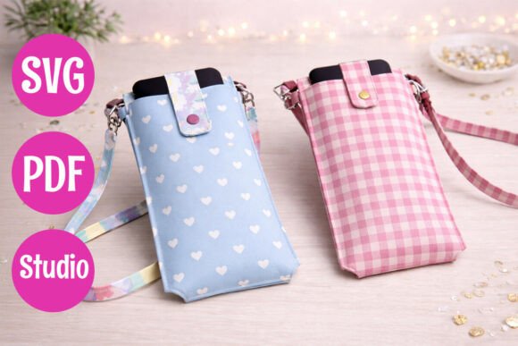 Two phone covers, one blue with hearts and one pink gingham, designed for Cricut projects.