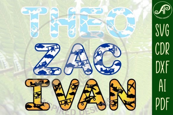 Alphabet letters spelling THEO, ZAC, IVAN with airplane patterns in blue and yellow.