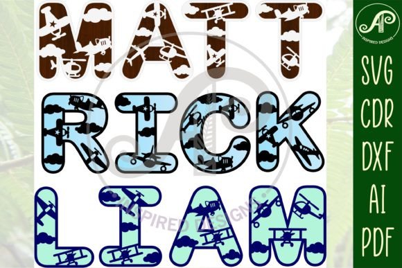 Alphabet letters spelling MATT, RICK, LIAM with airplane patterns in brown, blue, and black.