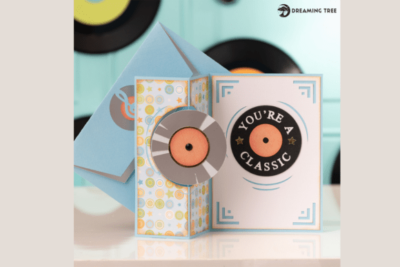 Fun fold card SVG featuring a spinning record design with 'You're a Classic' text, perfect for Cricut projects.