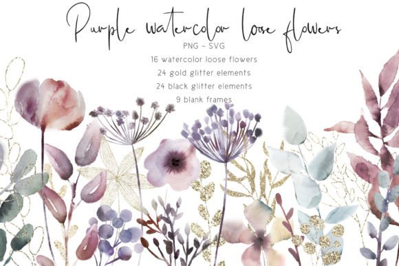 Purple watercolor floral elements with glitter accents for Cricut projects.