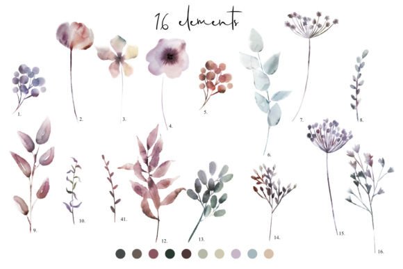 Collection of 16 individual watercolor floral elements for SVG use.