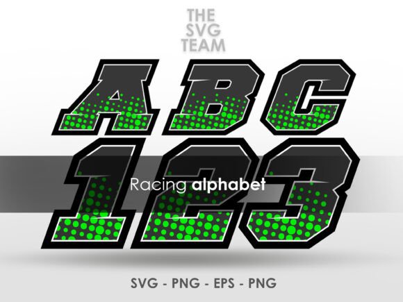 Bold racing-style letters 'ABC' and numbers '123' in green with black outlines.