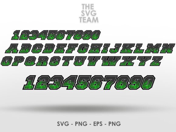 Complete set of racing-style letters and numbers in green with black outlines, displayed in rows.