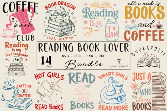 Collection of 14 book-themed SVG designs for Cricut, including phrases like 'Book Dragon' and 'Reading is my jam'.