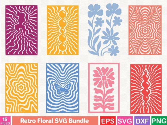 Colorful retro floral SVG designs with various patterns for Cricut projects.