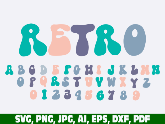 Colorful retro groovy alphabet and numbers in pastel shades for Cricut