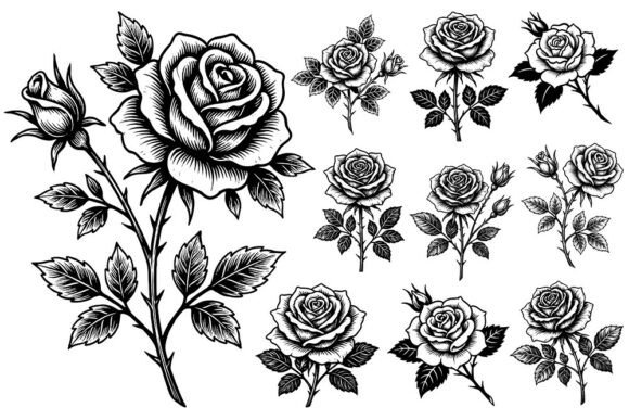 Black and white vintage rose illustrations with various blooms and leaves.