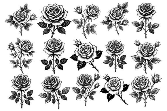 Collection of black and white rose illustrations featuring multiple floral arrangements.