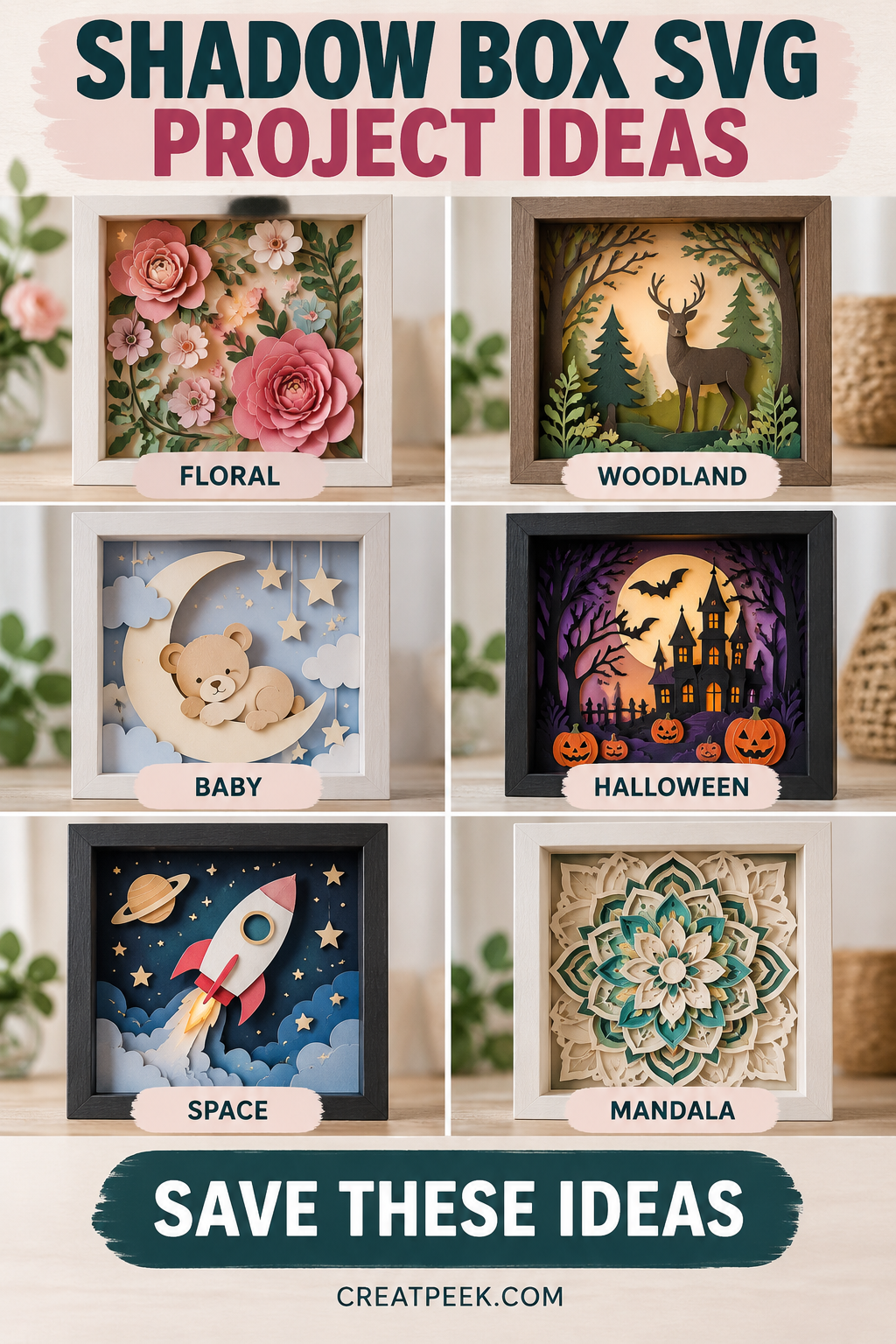 Collage of shadow box SVG project ideas featuring floral, woodland, baby, Halloween, space, and mandala designs.