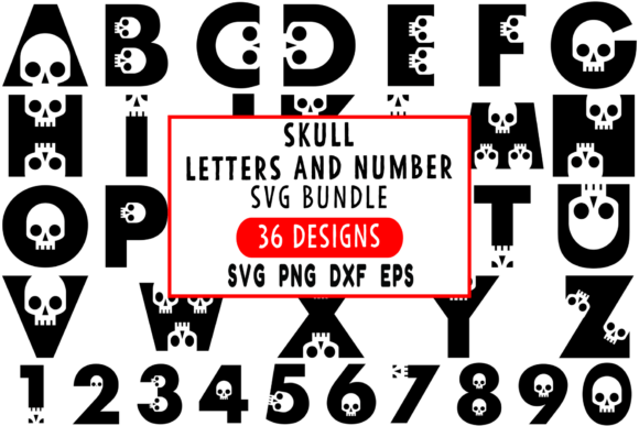 Alphabet with skull designs integrated into bold black letters and numbers.
