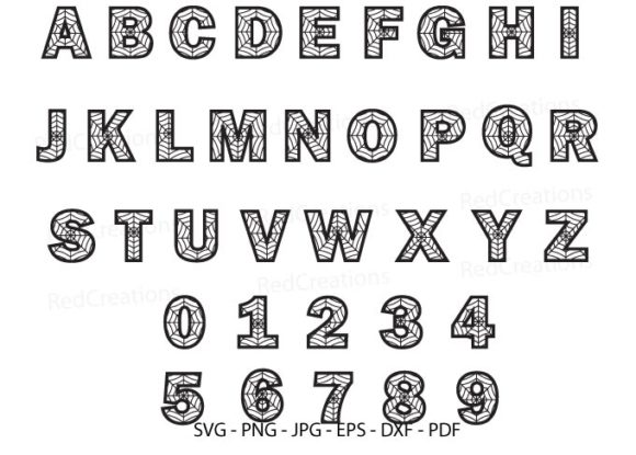 Black spider web-themed alphabet and numbers for Cricut projects.